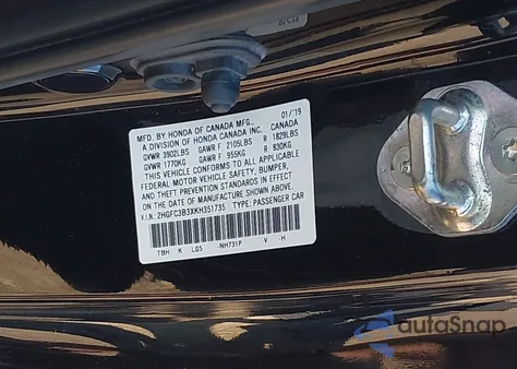 2019 Honda Civic Ex z USA, uszkodzony, nr VIN 2HGFC3B3XKH351735